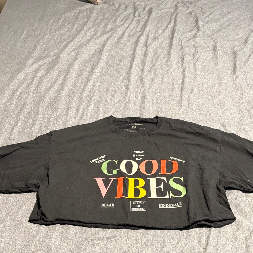Black Graphic Crop Top with Multicolor 'Good Vibes' Print